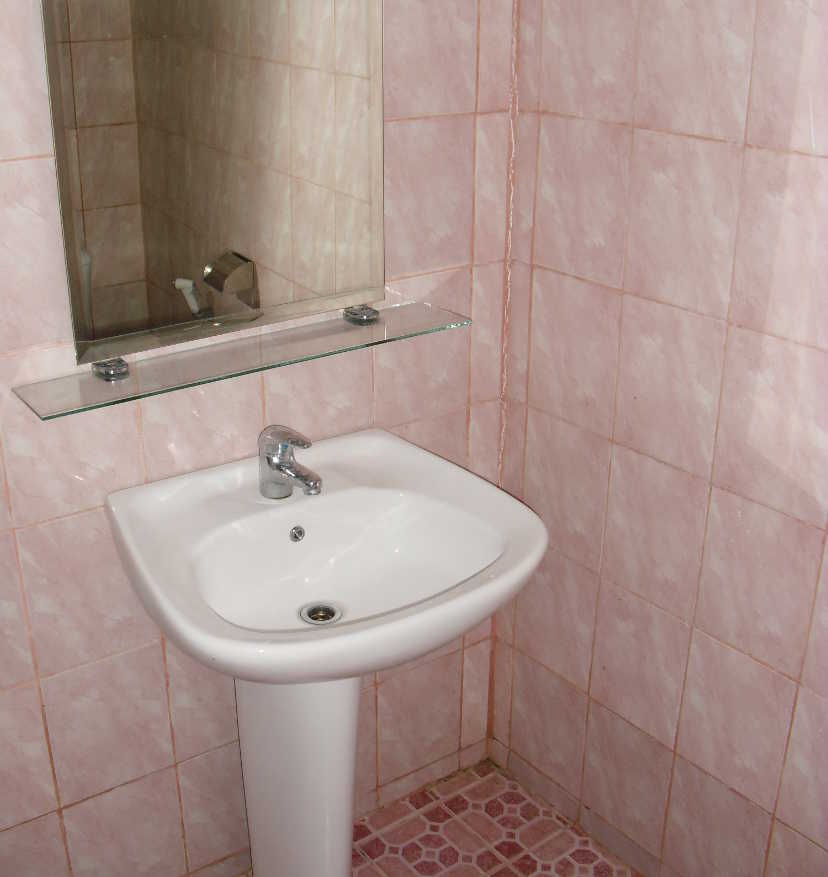 White ceramic free-standing wash-basin with mirror inside a pink-tiled bath room